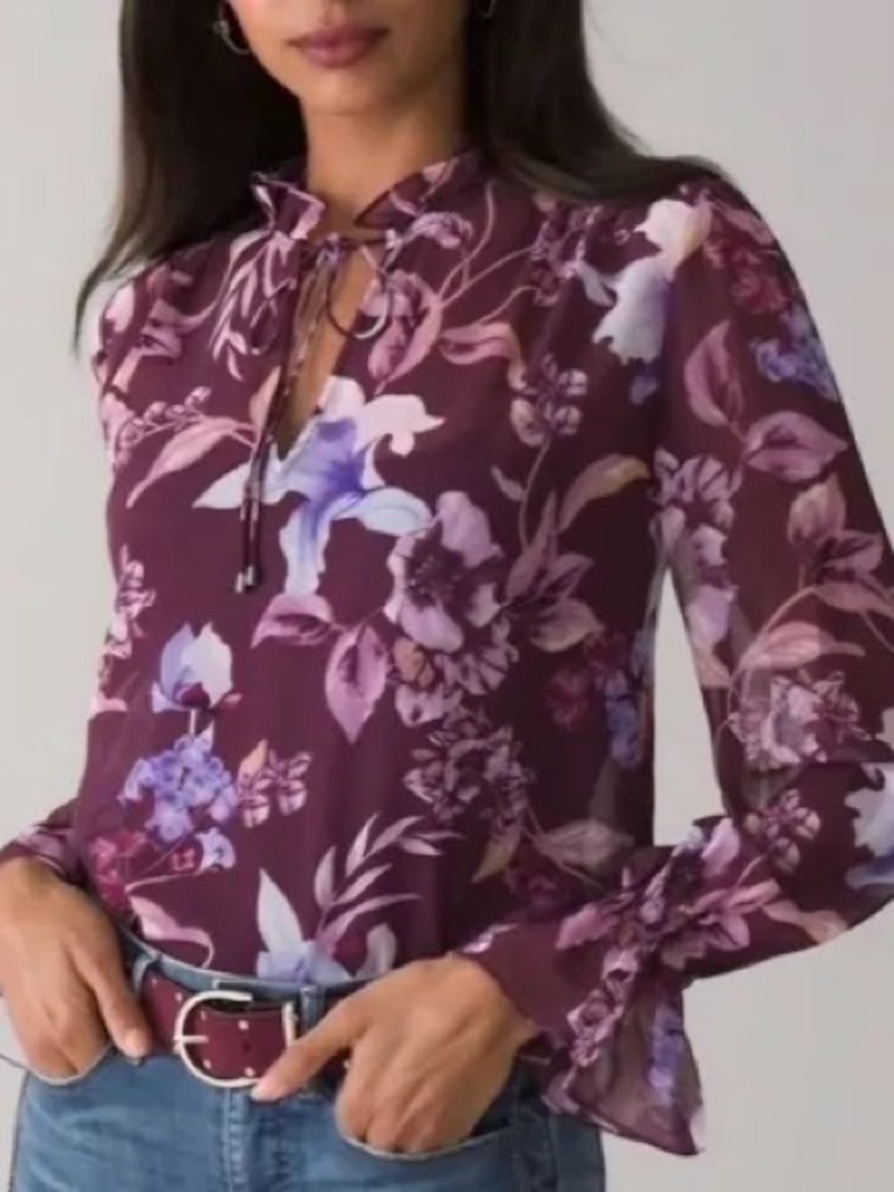 White House Black Market Burgundy Floral Sheer Tie Neck Blouse Sz M